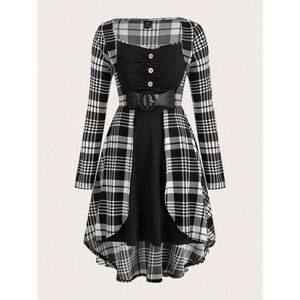 Women’s large Plaid Button Front Dress PU Leather Buckle Strap Outfit Sh